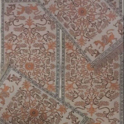 Set of four handmade table runners in earthy and orange tones with gold details and fringe like new