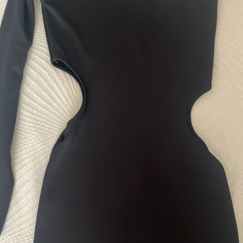 Black mini fitted dress with one sleeve and cutouts like new