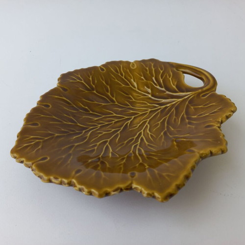 Ceramic serving platter old, leaf-shaped, used, olive green