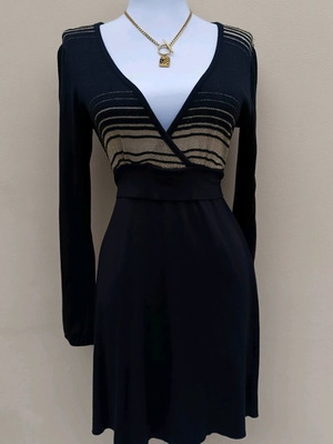 Black mini dress with gold stripes and tie cord like new