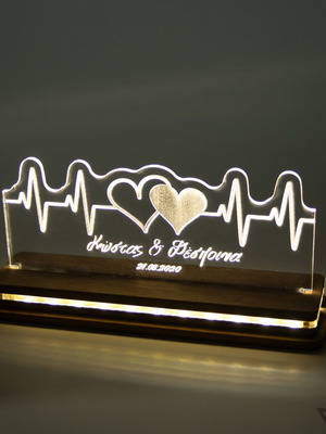 LED lamp "Hearts with Pulse" new with wooden base and plexiglass