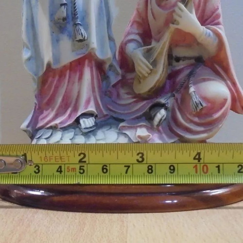 Chinese mother with daughter old small porcelain decorative statue on wooden base used