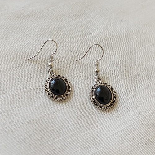 Gothic Victorian Oval Earrings with Black Silver Design New