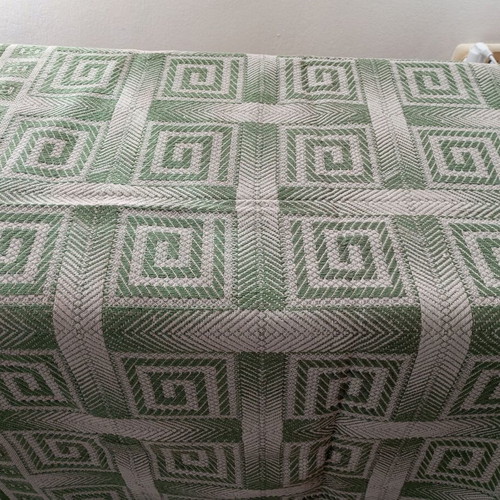 Set of 2 vintage woven blankets with meander pattern, sage green and beige
