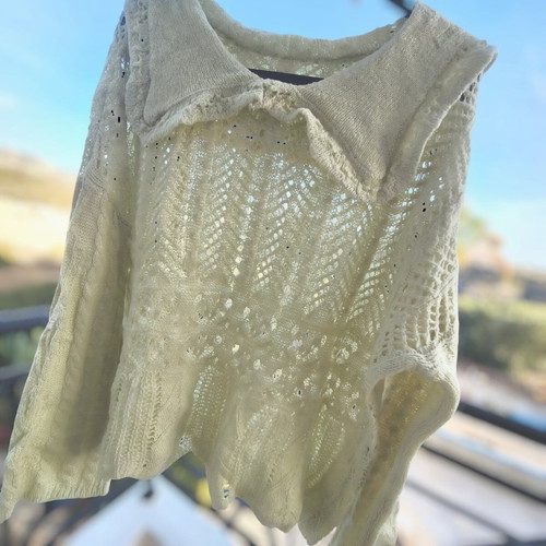 Pastel green sheer open knit oversized sweater with collar and scalloped hem new