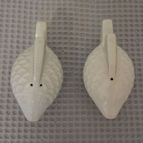 Salt and pepper set fish design used, white porcelain 13.5cm