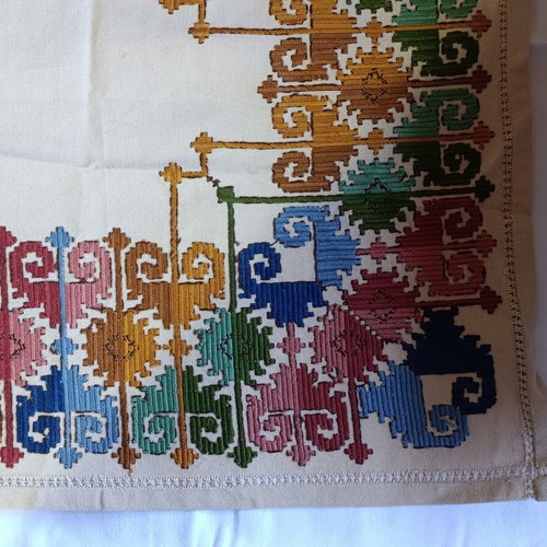 Handmade table runner used, traditional colorful geometric embroidery