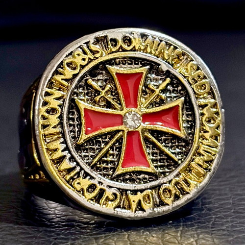 Maltese Cross Templar ring stainless steel with red enamel, US 11