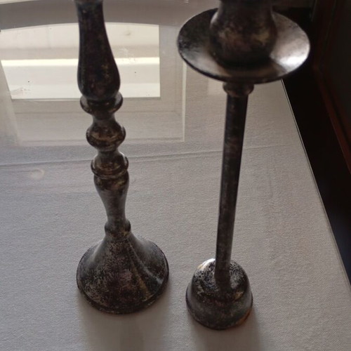 Two used classic iron decorative candlesticks 29 and 26 cm