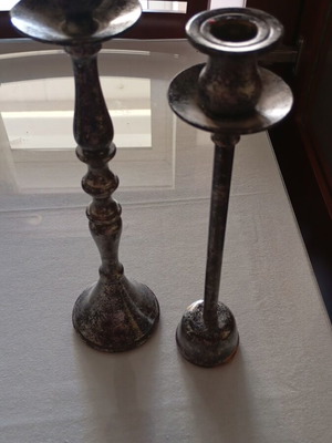 Two used classic iron decorative candlesticks 29 and 26 cm