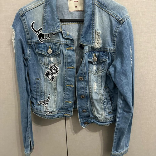 Pink Woman denim jacket like new, blue with modern rips and designs