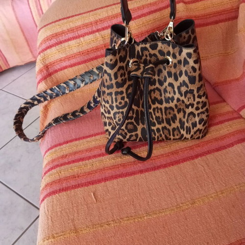 Leopard Print Bucket Bag shoulder and hand, like new
