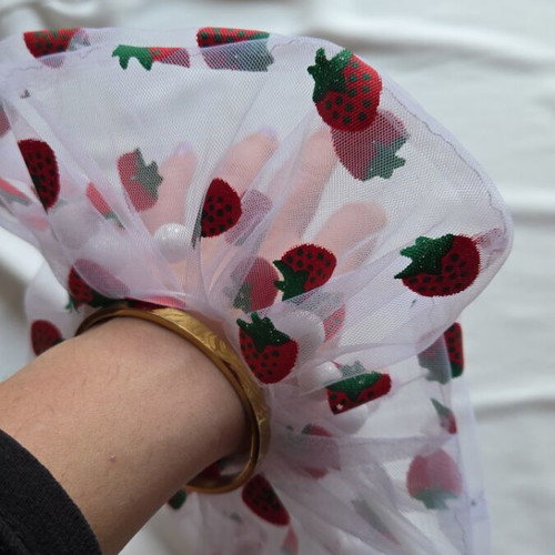 Handmade white transparent hair scrunchie with strawberries and glitter new
