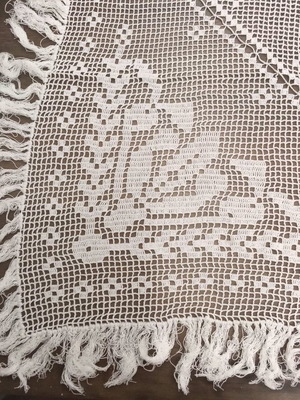 Crocheted tablecloth with fringes new, small 60cm x 60cm