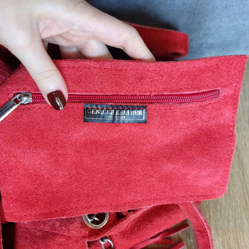 Red suede leather tote bag with tassel fringe, shoulder style