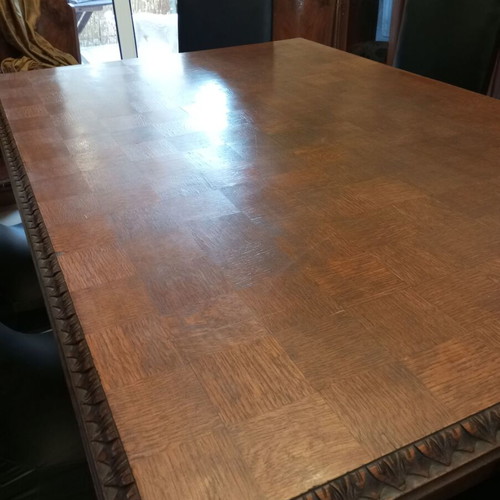 Tudor dining set used, handmade carved walnut with 6 chairs