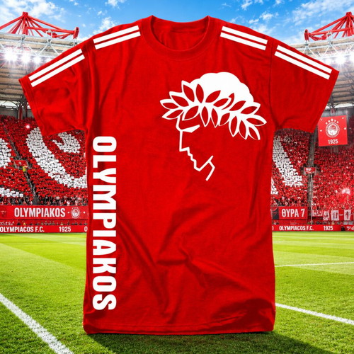 Olympiakos red cotton T shirt new with stripes print