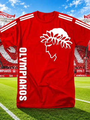 Ολυμπιακός κόκκινο T Shirt καινούργιο, βαμβακερό με λωρίδες