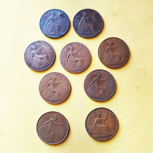 Lot of nine used England one penny coins Victoria George V and VI