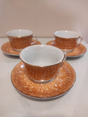 Vintage porcelain cup set of 3 used, orange marble pattern, Ionia