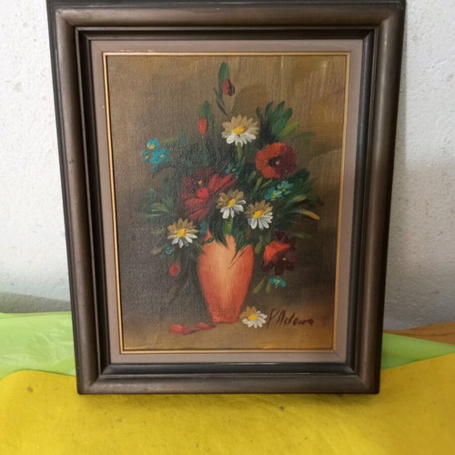 Painted artwork used with flower theme on wood 37x28