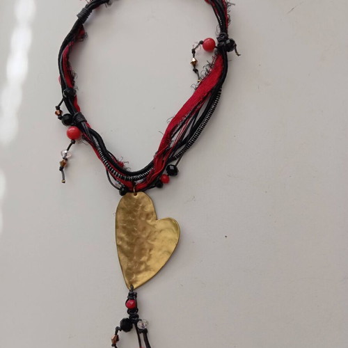 Handmade Boho Necklace with Large Bronze Heart and Silk Ribbons like new