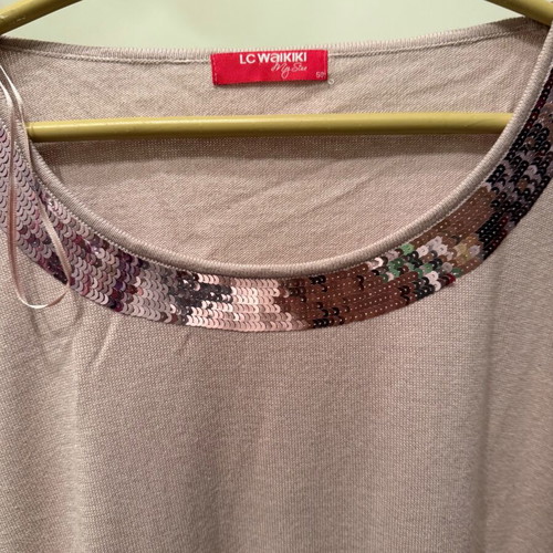Short-Sleeve Pullover with Rhinestones at Neck new pink XXL