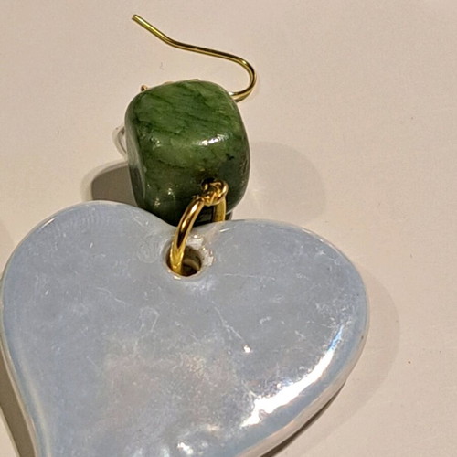 Earrings with ceramic white heart and green nephrite, like new