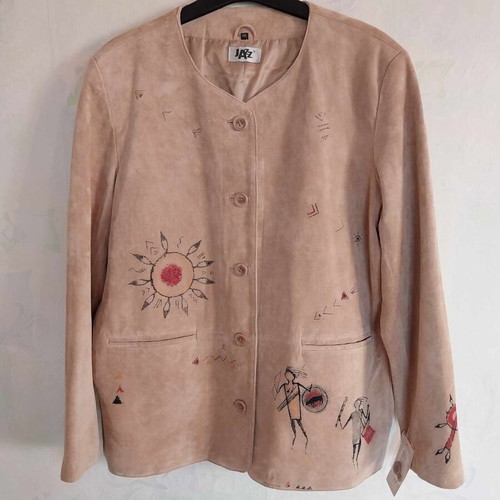 Women's suede leather jacket JAZZ like new with hand-painted African motifs, size XXL