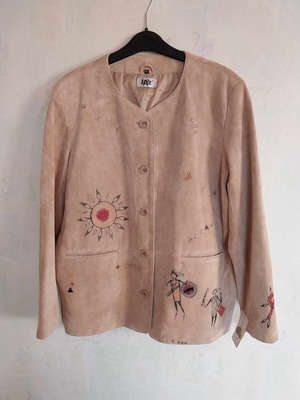 Women's suede leather jacket JAZZ like new with hand-painted African motifs, size XXL