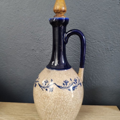 Vintage ceramic jug carafe used, blue-beige with wooden stopper