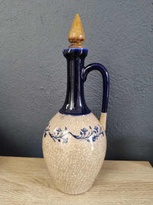 Vintage ceramic jug carafe used, blue-beige with wooden stopper