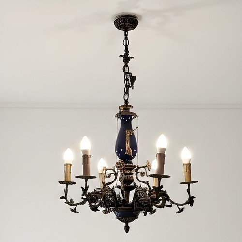 Pair of Chandeliers Solid Brass and Blue Faience like new