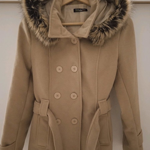 Woolen women's coat used size M beige with hood and belt