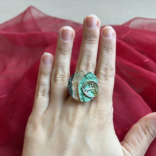 Ring with mountain crystals, handmade, tree of life motif