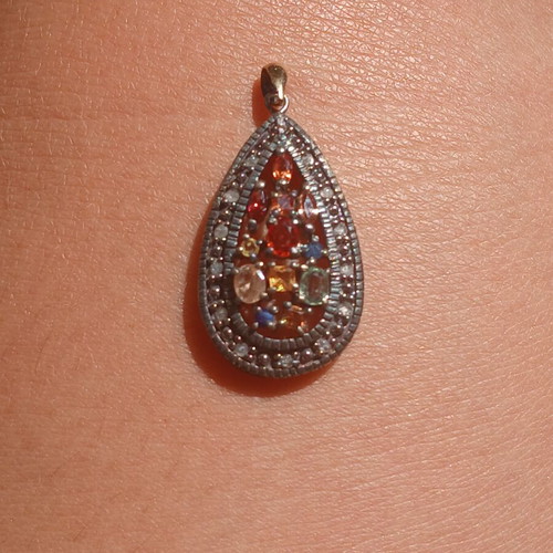 Pendant with semiprecious stones and diamonds, 925 silver and 9k gold ring