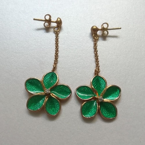 Silver gold-plated handmade flower earrings with green enamel and zircon new