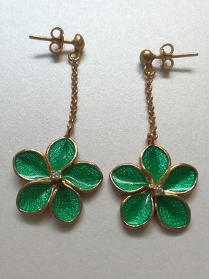 Silver gold-plated handmade flower earrings with green enamel and zircon new