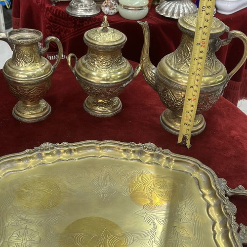 Vintage tea set used, oriental style with embossed teapot and tray