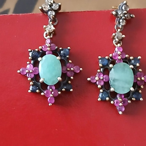 Earrings with rubies, sapphires, emeralds and diamonds vintage cut, 9k gold and 925 silver like new