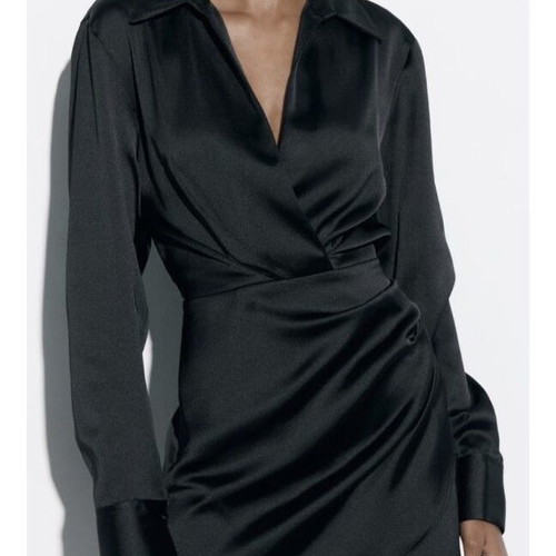black satin wrap mini dress Elegant Black Smocked Mini Dress for Women - Long Sleeve, V-Neck, High  Waist for Effortless Chic Style main image 0