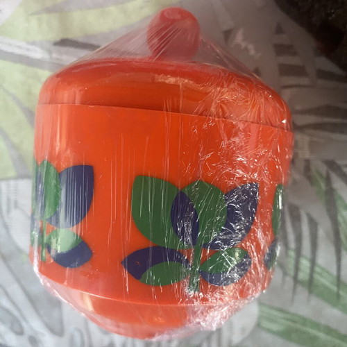 Emsa Bologna vintage orange plastic conserve pot with lid and spoon