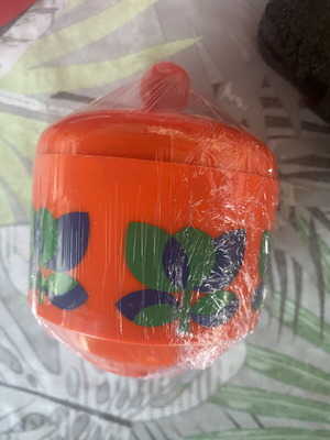 Emsa Bologna vintage orange plastic conserve pot with lid and spoon