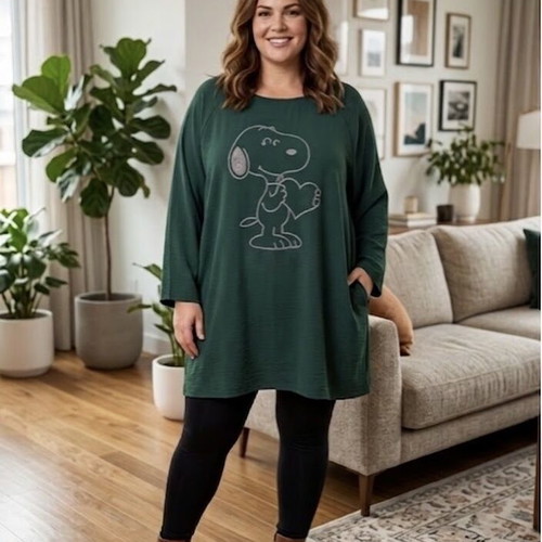 Maxi oversize blouse tunic with Snoopy print, dark green