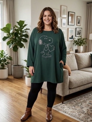 Maxi oversize blouse tunic with Snoopy print, dark green