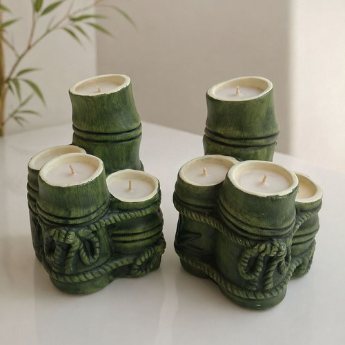 Ceramic candle holders like new, set of 2 with green bamboo design
