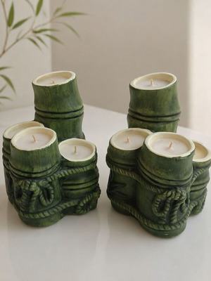 Ceramic candle holders like new, set of 2 with green bamboo design