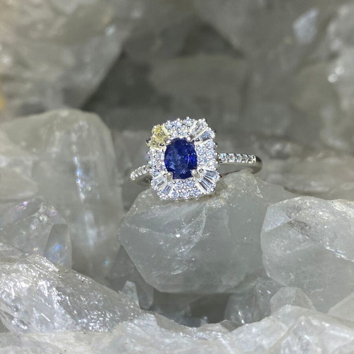 Handmade silver ring with natural blue sapphire and moissanites size 9