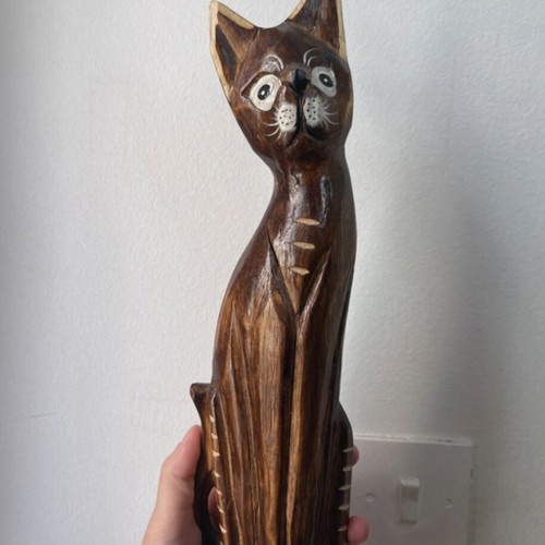 Vintage wooden cat set used, boho Balinese style decor, 3 pieces