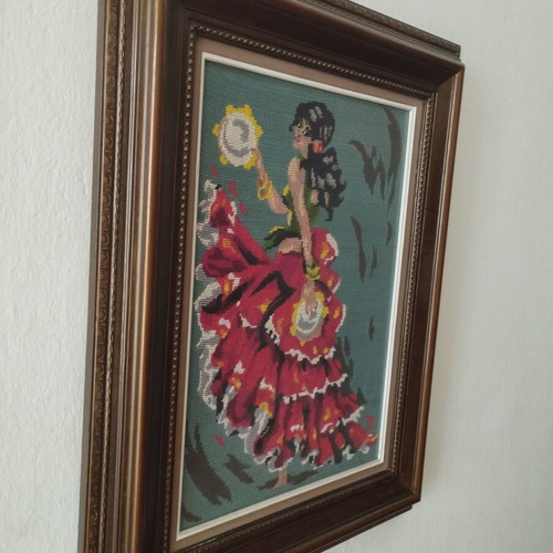 Vintage Handmade Embroidery "Spanish" – Canvas with Wooden Frame